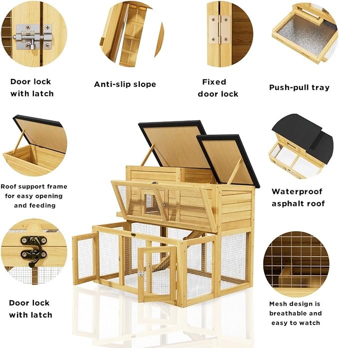 Outdoor Chicken coops for 2-4 Chickens Wooden with Waterproof Asphalt Roof, Ramp, and Multiple Doors Openable Top Pull-Out Tray Suitable for Outdoor Backyard (Yellow-Brown)