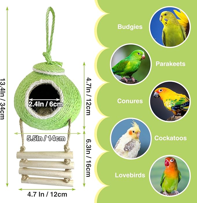 Tfwadmx Coconut Hide with Ladder, Natural Coconut Fiber Hanging Birdhouse Cage, Handmade Sisal Rope & Coconut Bird Shell Breeding Nest for Parrot Parakeet Lovebird Finch Canary (2 Pcs Green)