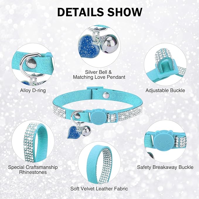 Rhinestone Cat Collar Breakaway with Bell, Diamond Cat Collar with Safety Buckle Quick Release for Girl Boy Small Kitten Pets Puppy,Cute Soft Female Male Cat Collars, Color Blue 8-12"