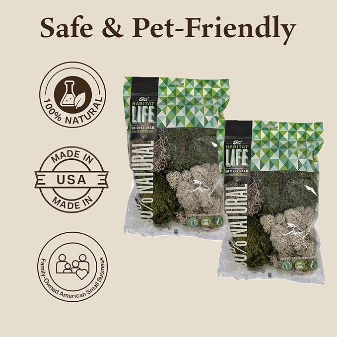 The Habitat Life - Natural Variety Pack - Mix of Reindeer, Mood, Sheet & Spanish Moss - for All Terrariums - Humidity Control - Breathable Bedding - Dye-Free & Safe - Small - 2 Pack