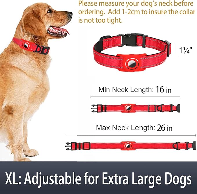 Airtag Dog Collar with AirTag Holder for Large Dogs, Reflective, Soft Padded & Safety Locking Buckle, Nylon Pet Collars Adjustable for All Breeds, Red,XL