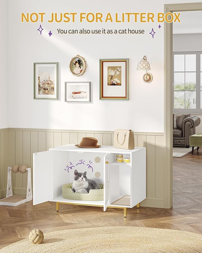 Cat Litter Box Enclosure Enclosed, Hidden Litter Box Cabinet Furniture with Storage, Wooden Indoor Cat House Large, Modern End Table for Living Room Entryway, White and Gold CB84903A