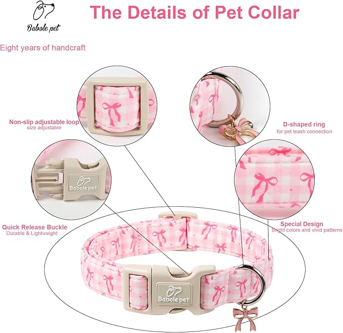 Girl Dog Collar for Small Dogs - Cute Pink Plaid & Bow Print Spring/Summer Puppy Collar, Soft Adjustable Holiday Female Dog Collars with Quick Release Buckle S