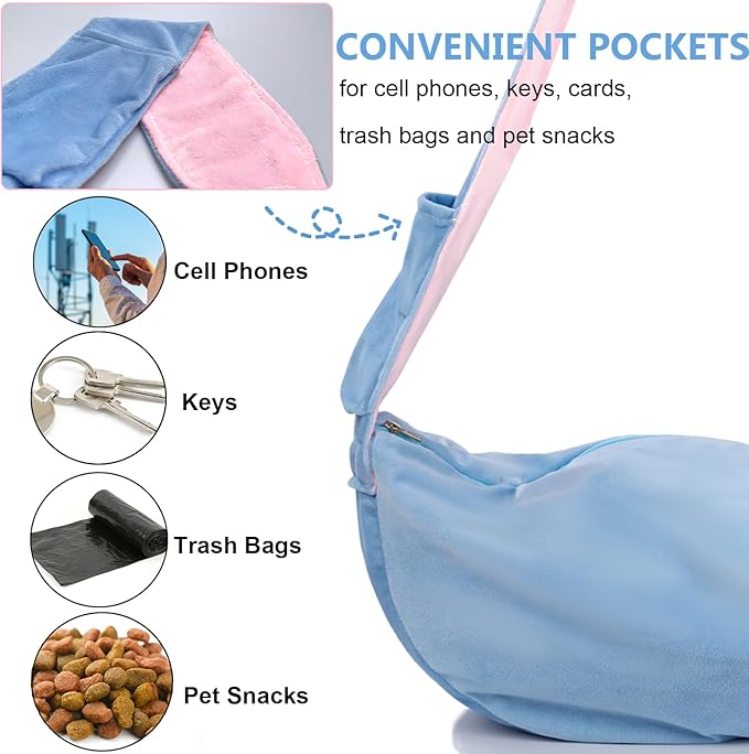 Ferret Sling Carrier, Small Pet Bag with Adjustable Strap, Cozy Bunny Carrying Travel Cuddler, Hands-Free Bonding Pouch Front for Guinea Pig Puppy Kitten, Small Animal Accessories for Outside-Blue