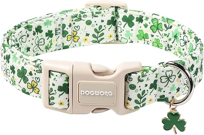 DOGWONG St Patrick's Dog Collar, Green Clover Pet Collar Cotton Holiday Pet Collar Cute Puppy Collar Adjustable Pet Dog Collars for Small Medium Dogs,M