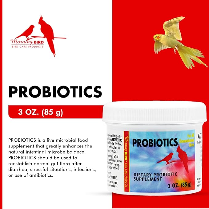 Morning Bird Probiotics for Birds 3 oz – Digestive Health Supplement Supporting Gut Balance, Nutrient Absorption & Immune Support – Easy Mix Powder Supplement for All Bird Species