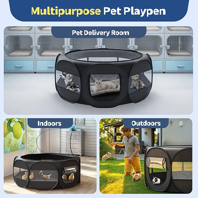 Small Animal Playpen, Chicken Brooder Box with Cover Top, Portable Outdoor Exercise Pet Cage Tent, Waterproof Breathable Pet playpen Indoor for Chick Ktiien Bunny Hamster Guinea Pig, Black