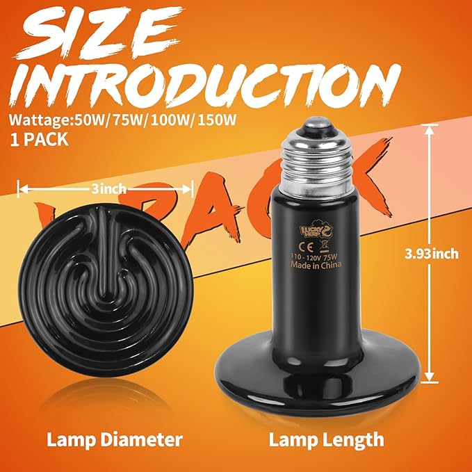 LUCKY HERP Reptile Heat Lamp - 75W Ceramic Heat Emitter Reptile Heat Lamp Bulbs (1 Pack), No Light Ceramic Heat Bulb, Heat Lamp for Reptiles Amphibian Chicken Pet Brooder Coop Lizard Turtle