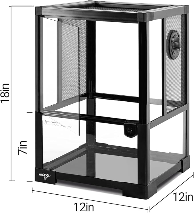 Vertical Habitat Tank 10 Gallon for Tree Dwelling Reptiles and Amphibians, 360°Full Vision Glass Reptile Terrarium 12" x 12" x 18" with Double Side Mesh Panels