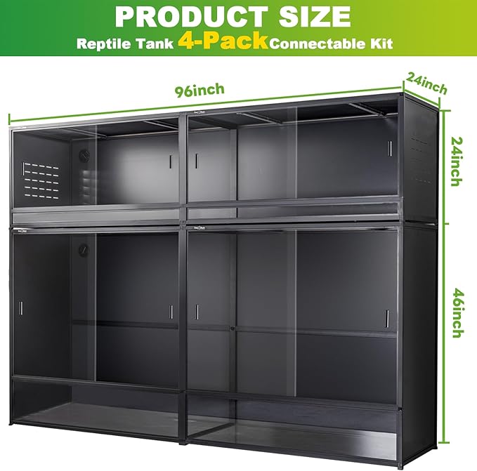 Reptile Tank 4-Pack Connectable Kit, 48"x24"x46" and 48"x24"x24" PVC Enclosures, Extra Large & Tall Stackable Terrariums for Bearded Dragon & Ball Python with Front Glass Doors & Locks
