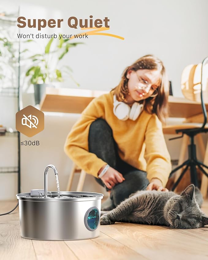 Cat Water Fountain Stainless Steel: Cat Fountain for Drinking - 108oz/3.2L Pet Water Fountain for Cats Indoor - Quiet Water Fountain for Cats - Faucet Pet Fountain - Contains 6 Filters + 3 Sponges