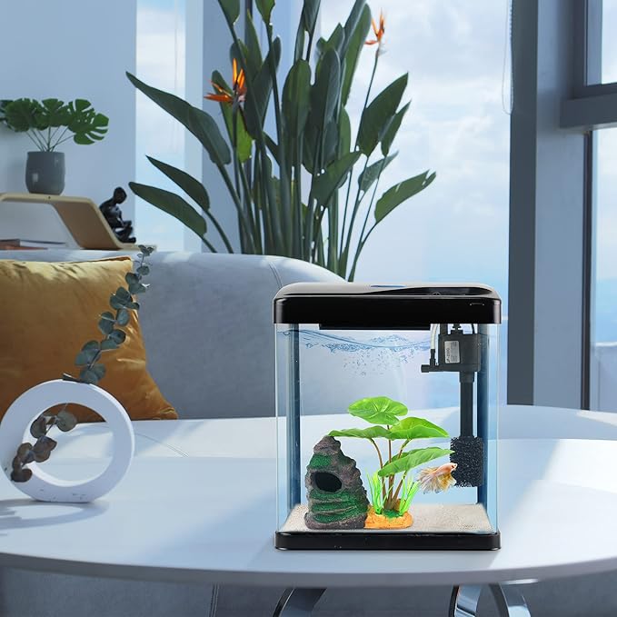 Betta Fish Tank Self Cleaning Glass 2 Gallon Small Nano Aquarium Starter Kits Desktop Room Decor w/LED Light Decorations & Whisper Filters Water Pump (Fish Tank)