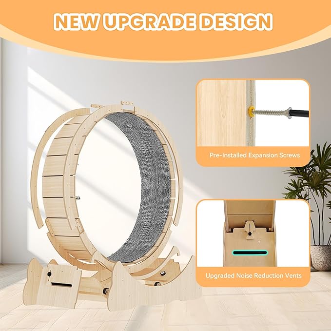 Homegroove Cat Wheel,52 inch XXL Large Cat Wheels for Indoor Cats with Carpeted Runway, Cat Exercise Wheel Treadmill for Kitty’s Longer Life (XXL, Natural Wood)