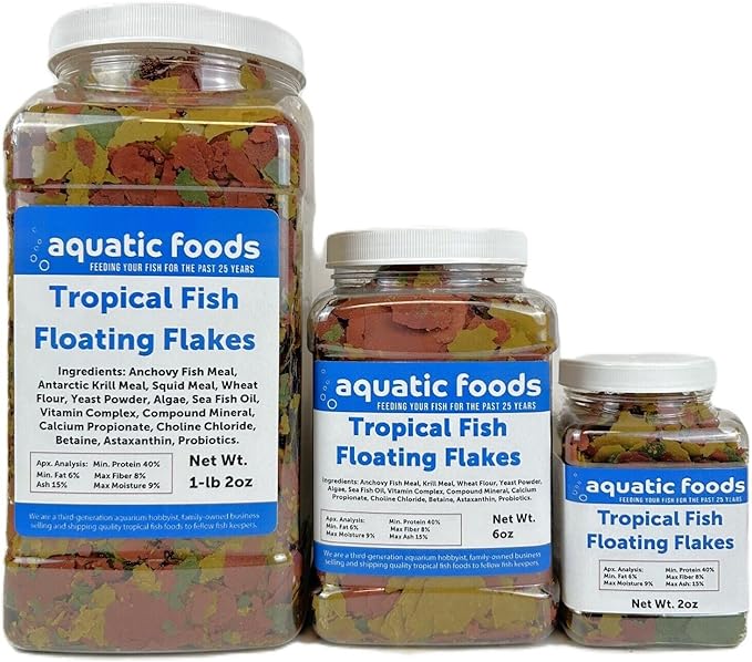 Aquatic Foods Inc. Tropical Fish Flakes, Mix of Krill, Color Enhancing, Spirulina Flakes for Cichlids, Angels, Live Bearers, Tetras, Guppies, All Tropical Fish...WL 6oz Med Jar