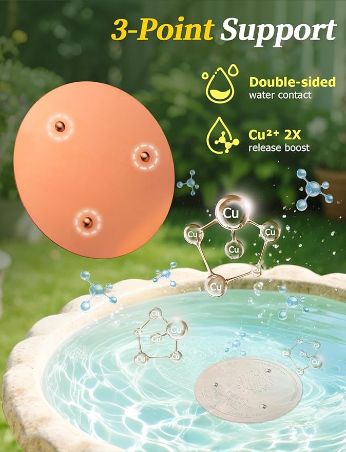 Mellbree 3-Pack Bird Bath Copper Disk, 0.6mm Reinforced 99.99% Pure Copper Cleaning Disk with Triple-Point Support for Physical Safe Clean Water All-Season (Sunflower)