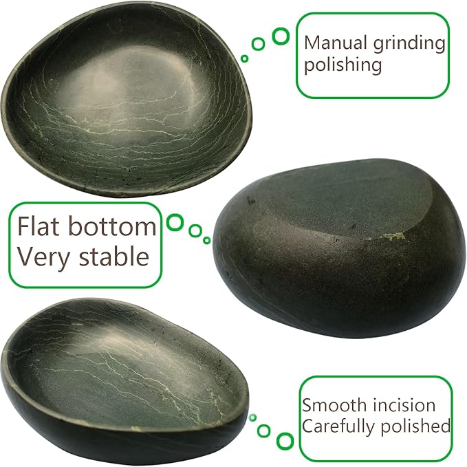 Natural River Stone Reptile Food Bowl - Handmade Pebble Dish for Reptiles, Amphibians, Hedgehogs, and Small Pets - Unique Size, Shape & Color - Water & Food Bowl (Green)