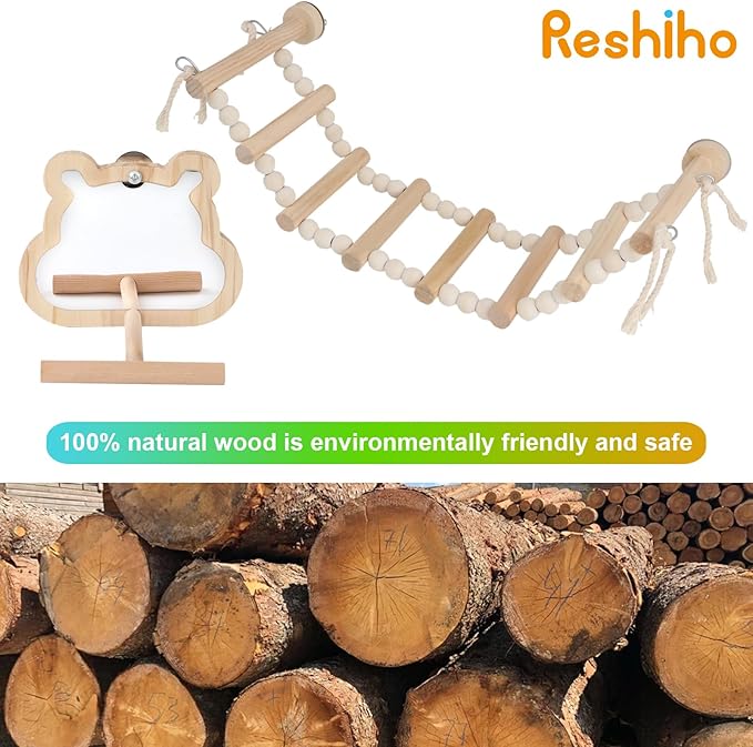 Bird Mirror with Perch & 8-Step Bird Ladder for Cage - Natural Wood Toys for Parakeets, Cockatiels (4.7x3.5x5.1in Mirror + 14.6x3.9in Ladder) Cage Accessories Bundled Set