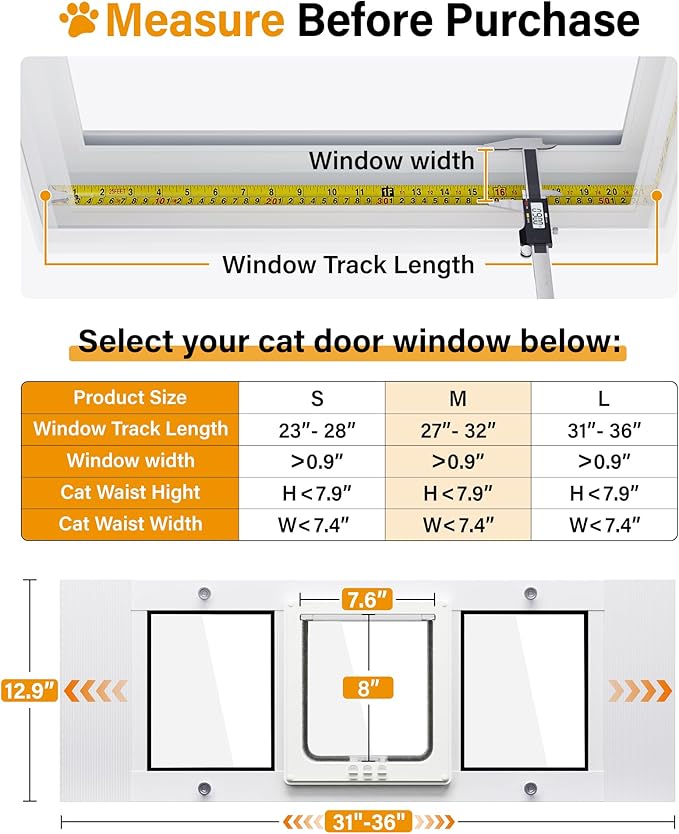 Cat Door for Window Weatherproof: Aluminum Frame Flap Pet Door Fit Window Insert - Easy Adjustable to Quick Fit Windows Width 31"-36" - 4 Secure Lock Modes with Magnetic Closure for Cats Dog