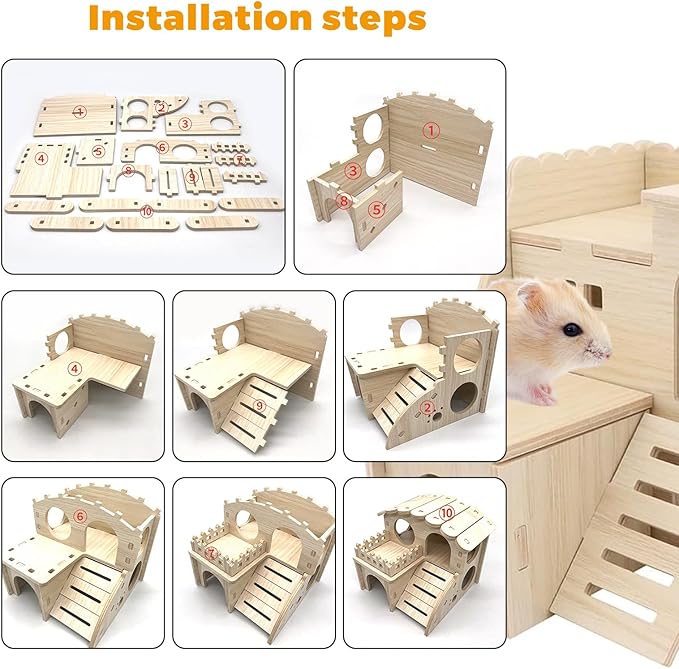 Wooden Dwarf Hamster House, Hamster Tiny House Hideout, Hamster Maze House, Large Balcony Lookout Holes, Easy to Assemble, Detachable Parts, Secure Hideaway, D
