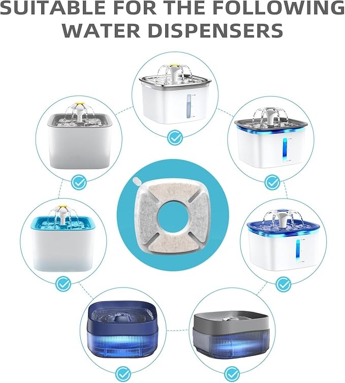 8 Pack Cat Water Fountain Filter Compatible with 67/95/135/85oz Automatic Pet Dispenser, Triple Filtration Dog Fountain Filter (8 Carbon Filters+8 Sponge Filters)