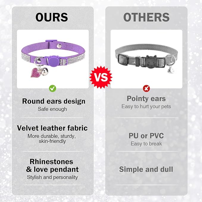 Rhinestone Cat Collar Breakaway with Bell, Diamond Cat Collar with Safety Buckle Quick Release for Girl Boy Small Kitten Pets Puppy,Cute Soft Female Male Cat Collars, Color Purple 8-12"