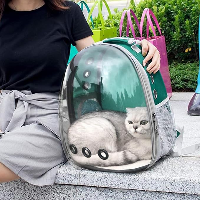 Cat Backpack Carrier Back Expandable Bubble Pet Carrier Backpack for Large Cat, Kitten and Dog, Designed for Hiking, Travelling and Outdoor Use (Back Expandable-Green)