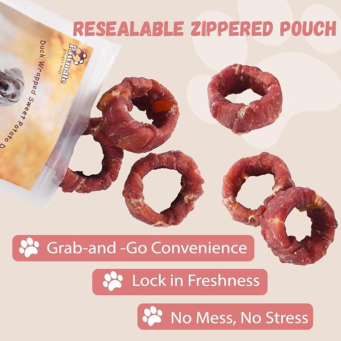 Dog Treats Duck Wrapped Sweet Potato Donuts Rings, Healthy Low Fat Dog Jerky Chews, High Protein Training Treats Snacks for Small Medium Large Breed, 10.6 oz