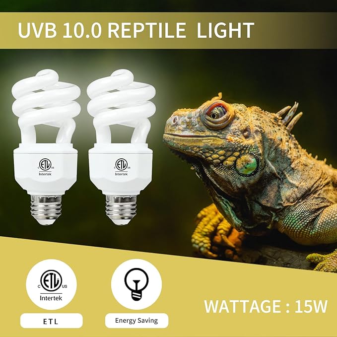 LUCKY HERP 2 Pack UVA UVB Reptile Light, 15W 10.0 UVB Bulb for Desert Reptiles, Compact Fluorescent Terrarium Lamp, Reptile UVB Bulb for Bearded Dragon, Lizard, Tortoise