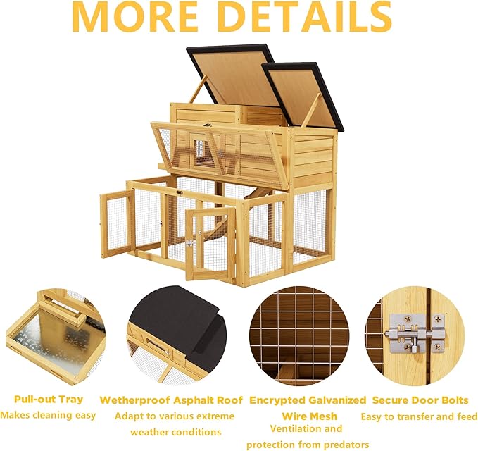 Small Chicken Coop, Chicken Run, Wooden Duck Coop Outdoor 2-Tier Rabbit House All Weather Used Poultry Quail Hutch Pet Cage with Removable Ramp for Garden Backyard (Yellow)