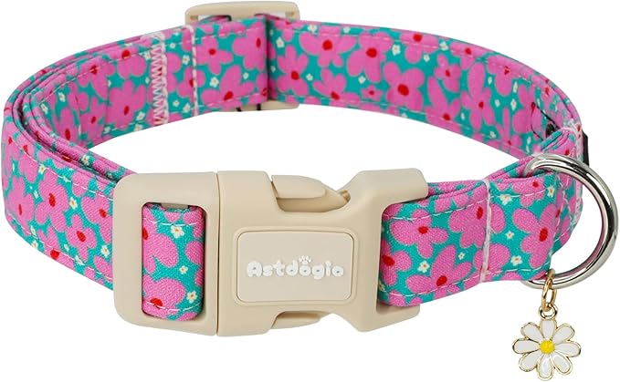 Cotton Floral Dog Collar,Green Dog Collar with Pink Flower, Adjustable Puppy Dog Collars for Small Medium Large, Cute Girl or Boy Dog Collar Ideal for Gifts,Pet Accessory,S
