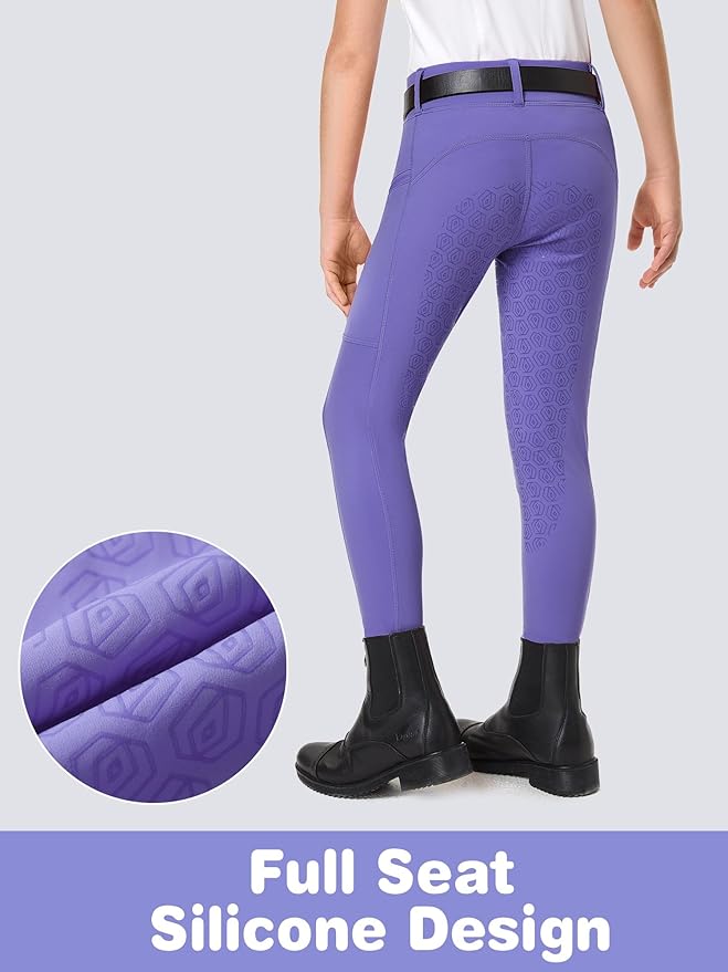 FitsT4 Sports Girls Riding Pants Full Seat Kids Equestrian Breeches Stretchy Youth Horse Schooling Tights Zipper Pockets