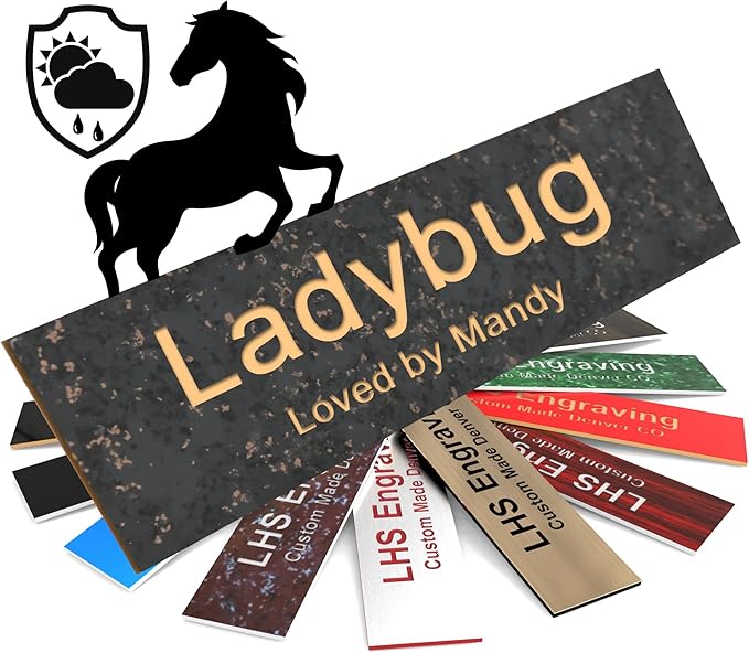 Horse Stall Name Plate, 2x12 Personalized Stall Signs, UV Protected, All Weather Adhesive, Hanging, Mounting or Other, Charcoal Marble Pattern Plastic Gold Letters - Made in USA - S6