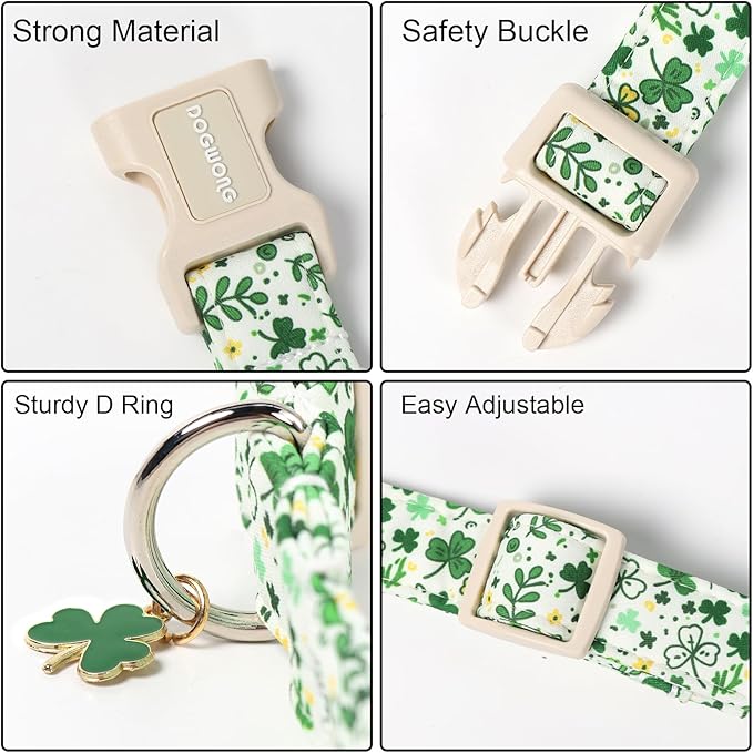 DOGWONG St Patrick's Dog Collar, Green Clover Pet Collar Cotton Holiday Pet Collar Cute Puppy Collar Adjustable Pet Dog Collars for Small Dogs,S