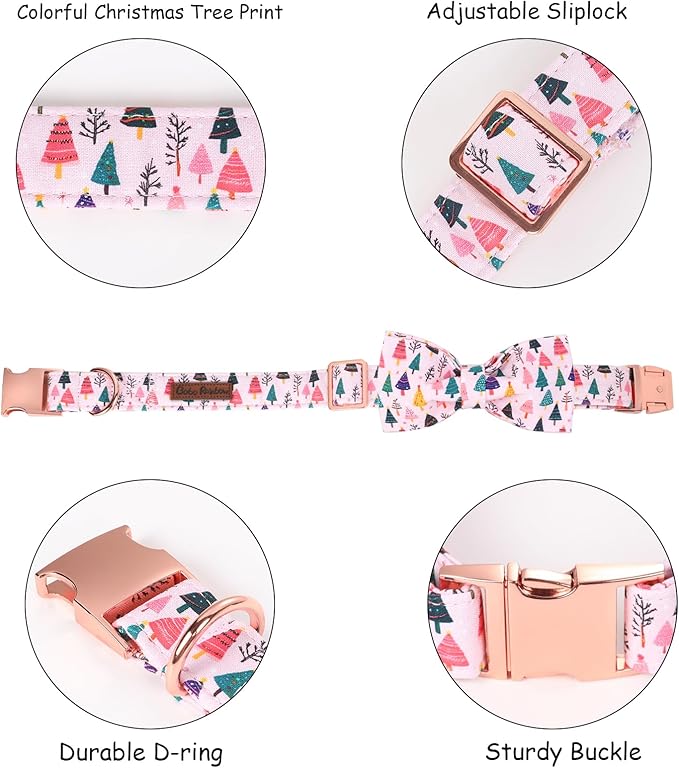 Christmas Dog Collar, Pink Christmas Tree Soft Comfortable Collars with Bow Adjustable Pet Collar with Premium Metal Buckle Puppy Necklace for Small Girl Dogs
