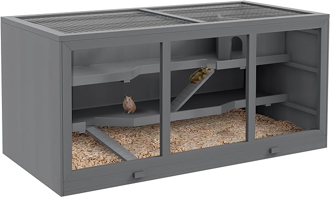 PawHut 45" Extra Large Wooden Hamster Cage, 3-Layer Rat Cage with Opening Roof, PVC Window, Small Animal Habitat for Gerbil, Dwarf & Syrian Hamsters, Gray