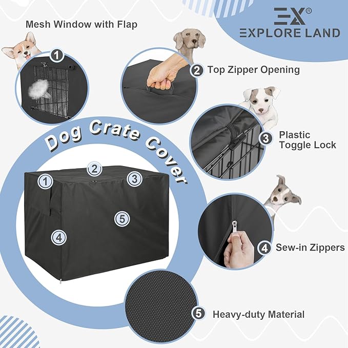 Explore Land Dog Crate Cover Heavy Duty Polyester Pet Kennel Sunshade Universal Fit for 24 inches Wire Cage (Black)