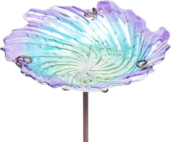 MUMTOP Glass Bird Baths for Outdoors, Garden Bird Bath Bowl with Metal Stake Birdbaths for Outside Yard Outdoor, Purple
