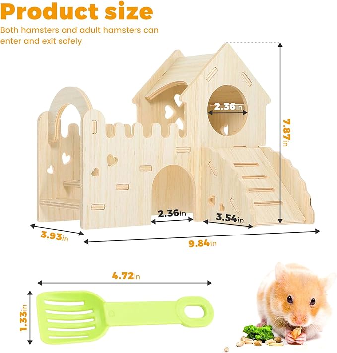 Wooden Dwarf Hamster House, Hamster Tiny House Hideout, Hamster Maze House, Large Balcony Lookout Holes, Easy to Assemble, Detachable Parts, Secure Hideaway, E