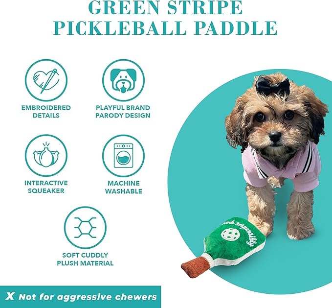 Haute Diggity Dog Green Stripe Pickleball Paddle, Plush Trendy Sporty Dog Toys with Interactive Squeaker, Stimulating Pet Enrichment, Machine-Washable & Safe Materials for All Breeds, One Size
