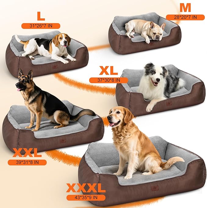 Large Dog Bed, Washable Dogs Beds for Large Dogs, Rectangle Pet Beds Soft Calming Dog Beds with Non-Slip Bottom, 31”x26”x7”, Brown