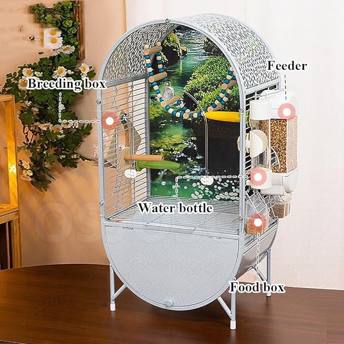 Dometop Bird Aviary with Transparent Door, Wrought Iron Bird Parrot Cage, Indoor Aviary for Small Parrots Parakeets Cockatiels (Black)