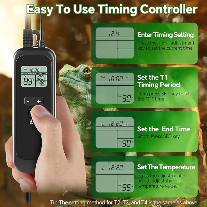 8.5 inch Reptile Heat Lamp Fixture with Thermostat and Timer,Reptile Light Fixture with Dimming Thermostat Max 150W,PID Temperature Controller for UVB Lights,Basking Heat bulbs and Terrariums