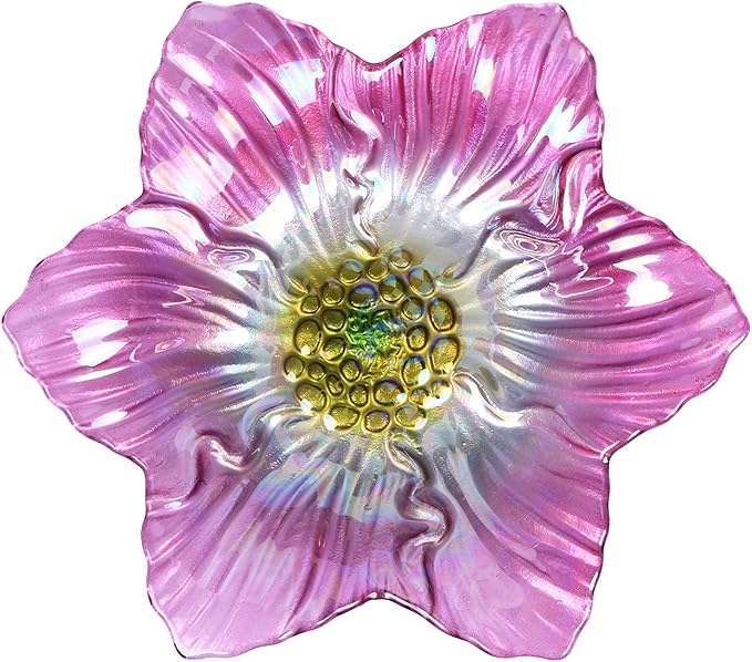 Outdoor Bird Bath Glass Birdbath Garden Birdfeeder with Metal Stake Pink(Height:26inch)