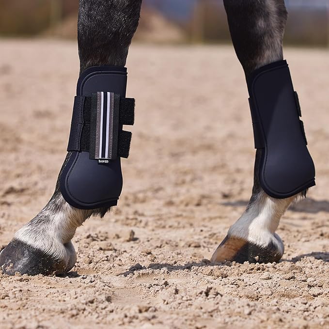 HORZE Adepto Open Front Tendon Boots | Durable Shell with Neoprene Lining - Dark Navy - Horse