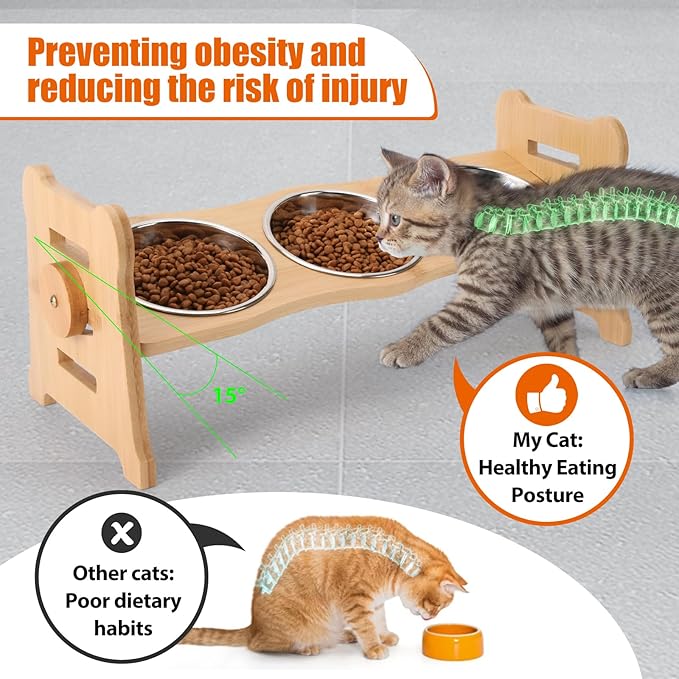 Elevated Cat Bowls15° Tilted Stainless Steel Elevated with Bamboo Stand - 3 Pots Raised Cat Bowls for Indoor Cats and Small for Indoor Cats with Anti-Overflow Design (Yellow)