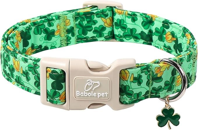 St. Patrick's Day Dog Collar for Large Dogs - Green Shamrock & Yellow Flower Print Dog Collars, Cute Irish Party Puppy Collar, Lightweight Adjustable St. Patricks Day Pet Collars XL