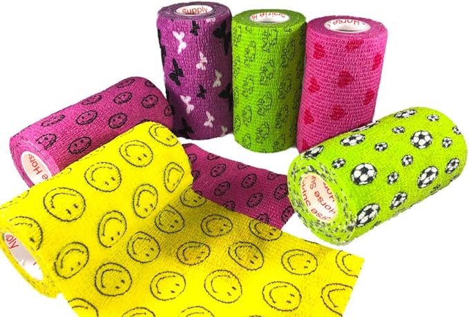 Prairie Horse Supply 3 Inch Vet Wrap Tape Bulk (Black, Red, Yellow and Black Paw Prints on Yellow, Red, Teal) (Pack of 24) Self Adhesive Adherent Adhering Flex Bandage Grip Roll for Dog Cat Pet