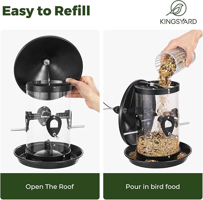 Kingsyard 4.5 lbs Large Metal Bird Feeders for Outdoors Hanging with 8 Ports, Tube Bird Feeder with Seed Tray, Weatherproof Squirrel Proof Roof for Cardinal Finch, Black