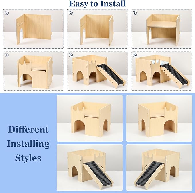 Pawaboo Guinea Pig and Hamster House, 2-in-1 Guinea Pig Hideout with Stairs and Cushion, Sturdy Wooden Hamster Castle Easy to Assemble, Detachable Small Animal House Bed Hut Habitats with Ramps