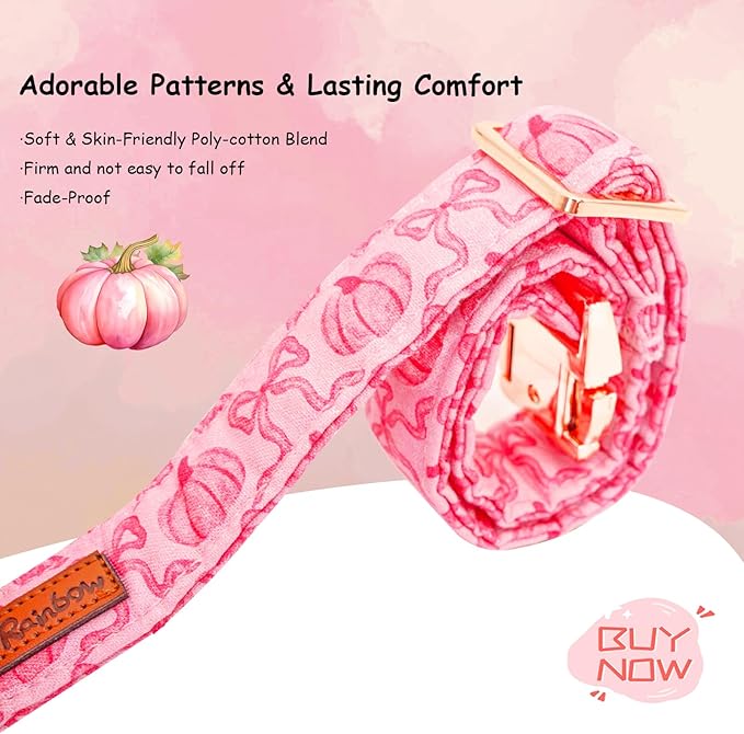 Dog Collar, Pink Pumpkin Print Adjustable Pet Collar Cute Cotton Soft Collars with Bow Tie Fall Metal Buckle Holiday Puppy Collars Boy&Girl Gift for X-Small Dogs